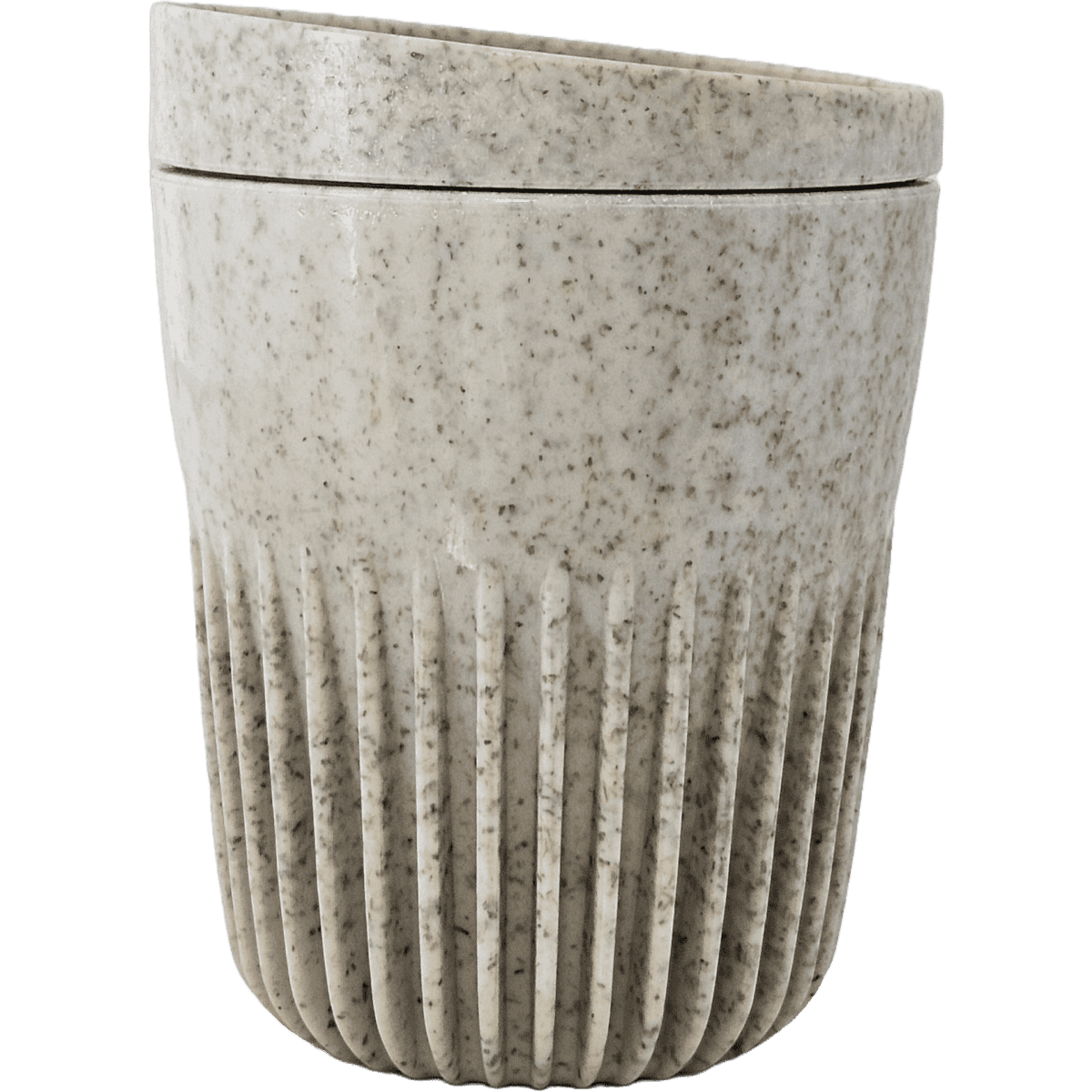 A drink bottle in a speckled grey colour, featuring a ribbed design and a lid. It has a unique tilted shape.
