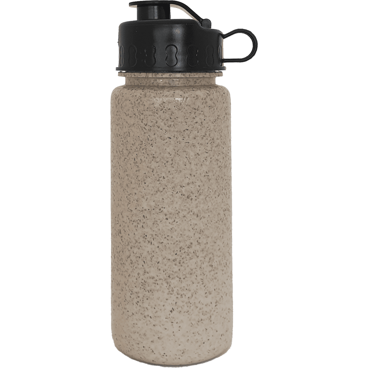 A drink bottle in a sandy beige colour with a black lid and a loop for carrying. It features branding on the side.