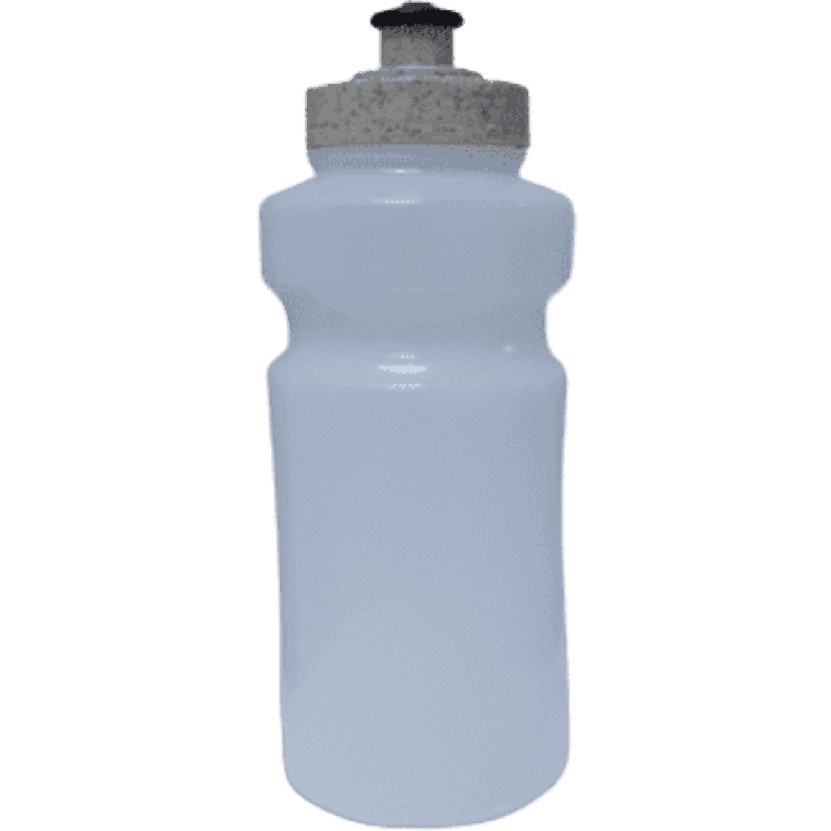 A drink bottle in white with a grey textured lid and a small black nozzle. It has a logo on the bottle.