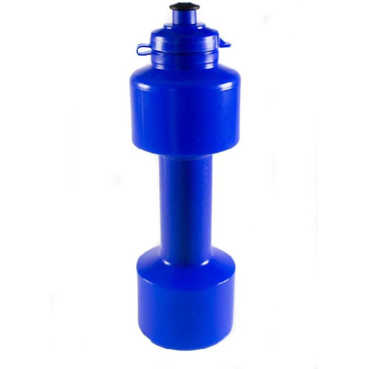 A drink bottle designed in the shape of a dumbbell, featuring a bright blue colour and a flip-top lid.