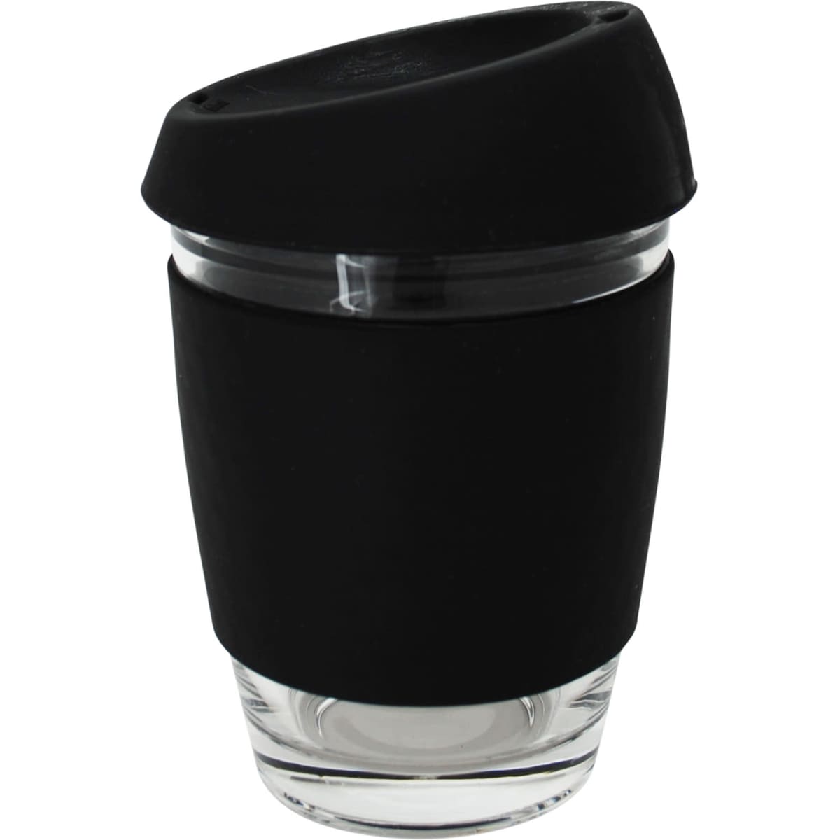 A drink bottle in black, featuring a clear glass body and a matching silicone sleeve and lid.
