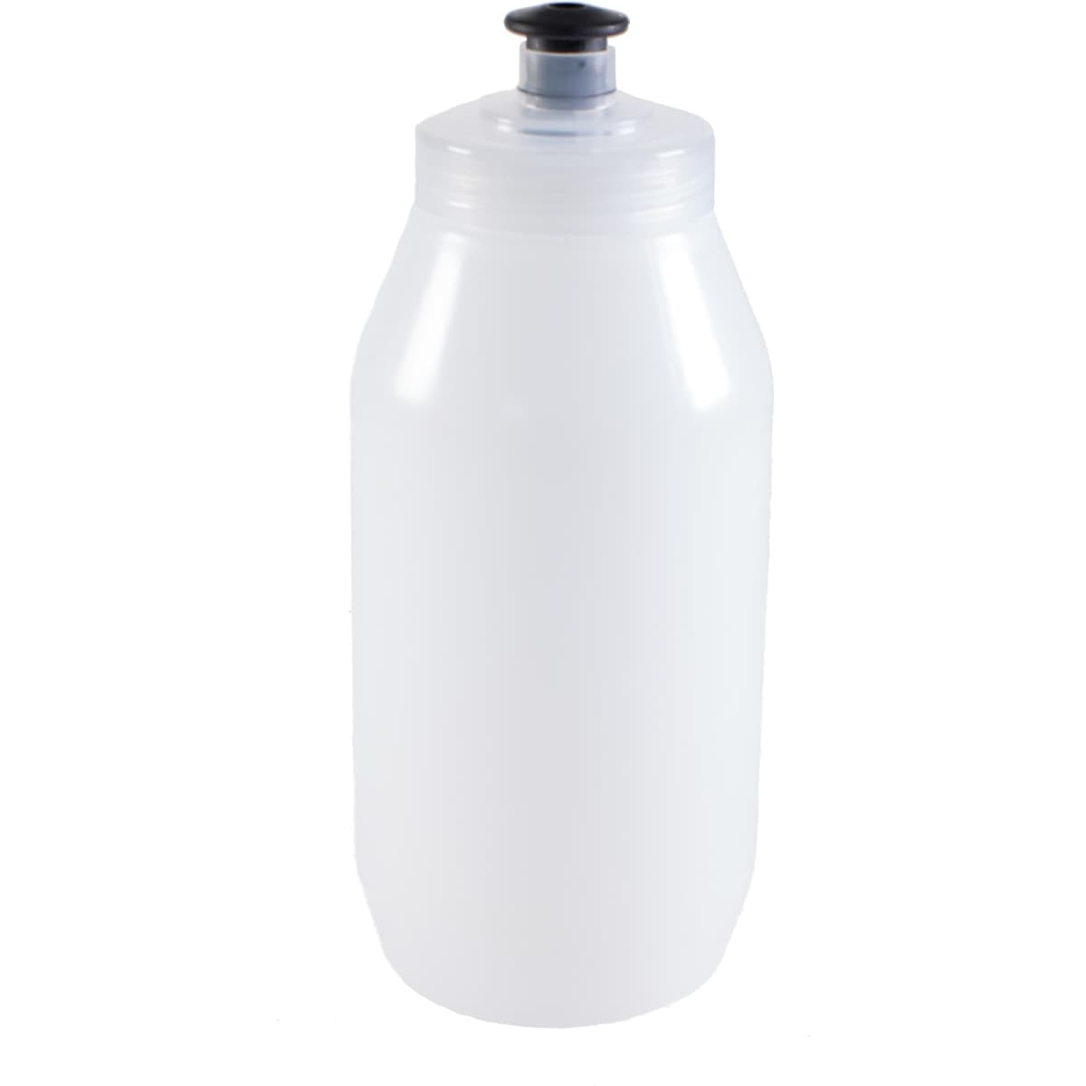 A drink bottle in a translucent white colour with a black screw-top lid and a branding logo.