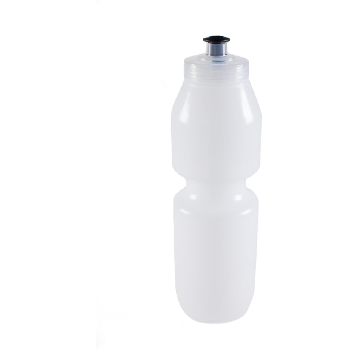 A drink bottle in a clear, white design with a black cap, featuring a logo.