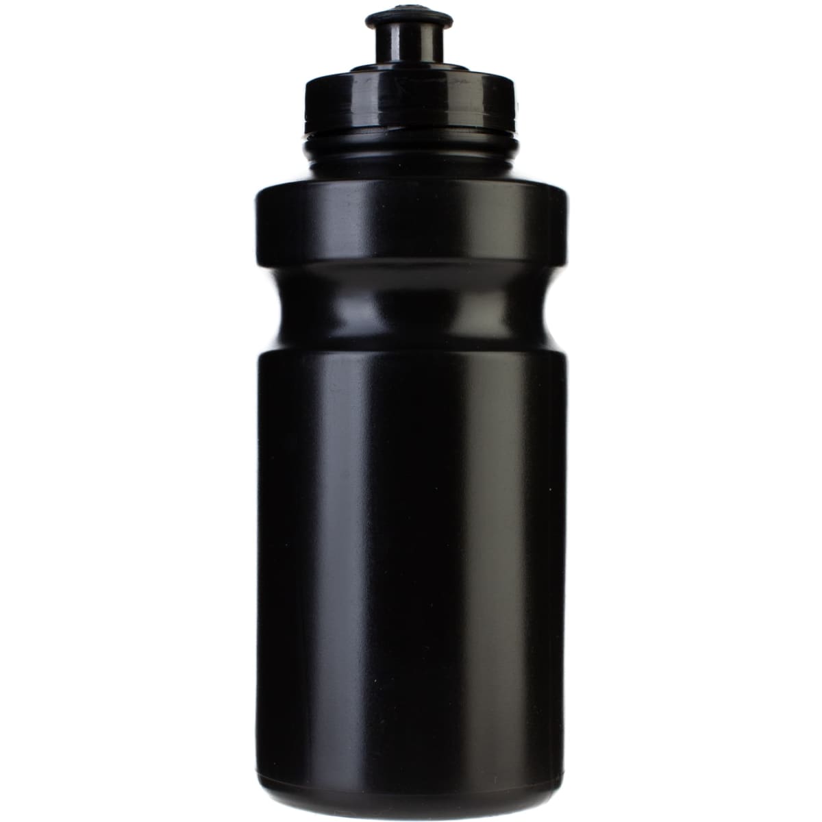 A drink bottle in matte black with a screw-on lid and a wide mouth for easy filling and pouring.
