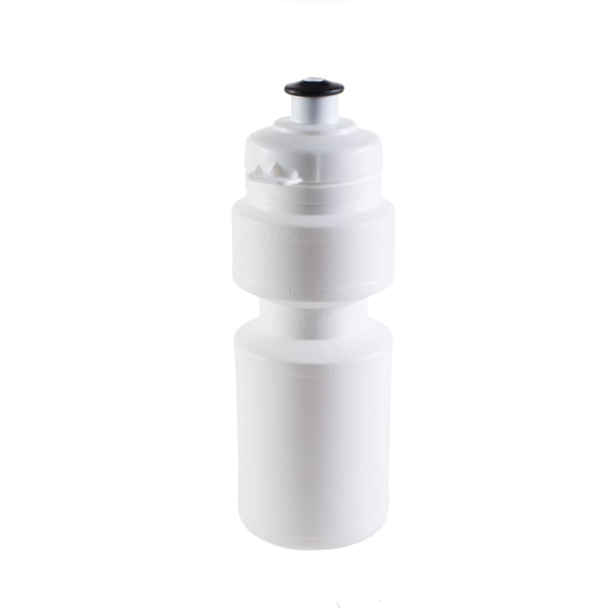 A drink bottle in white with a distinctive design and a top spout features a logo.
