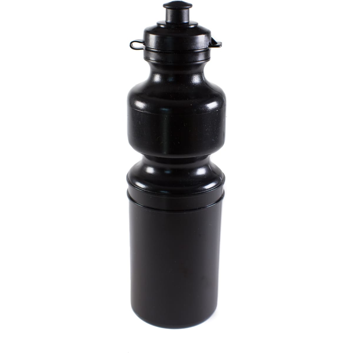 A drink bottle in black featuring a two-part design and a screw-top lid, along with a logo.