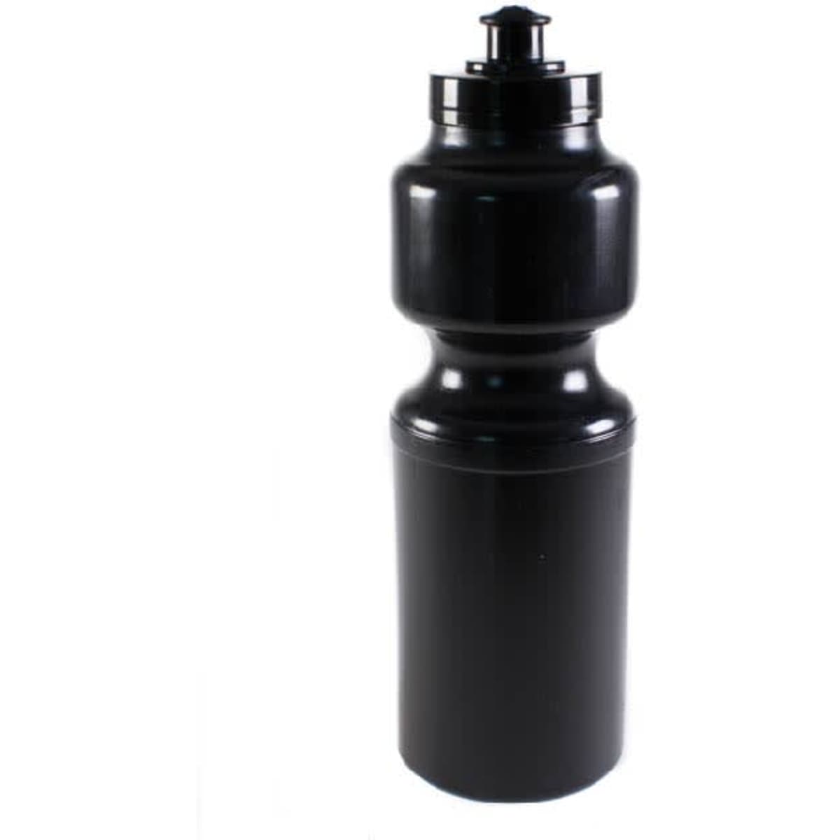 A drink bottle in black with a curved design and a nozzle top, featuring a branding logo.