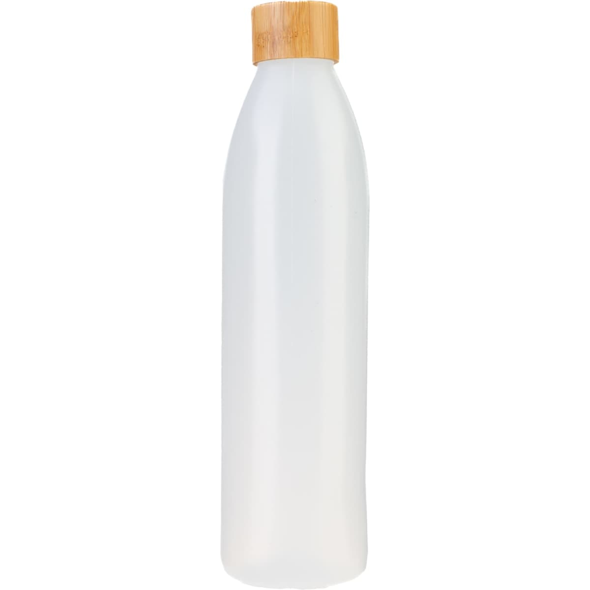 A drink bottle with a transparent body and a natural bamboo lid.