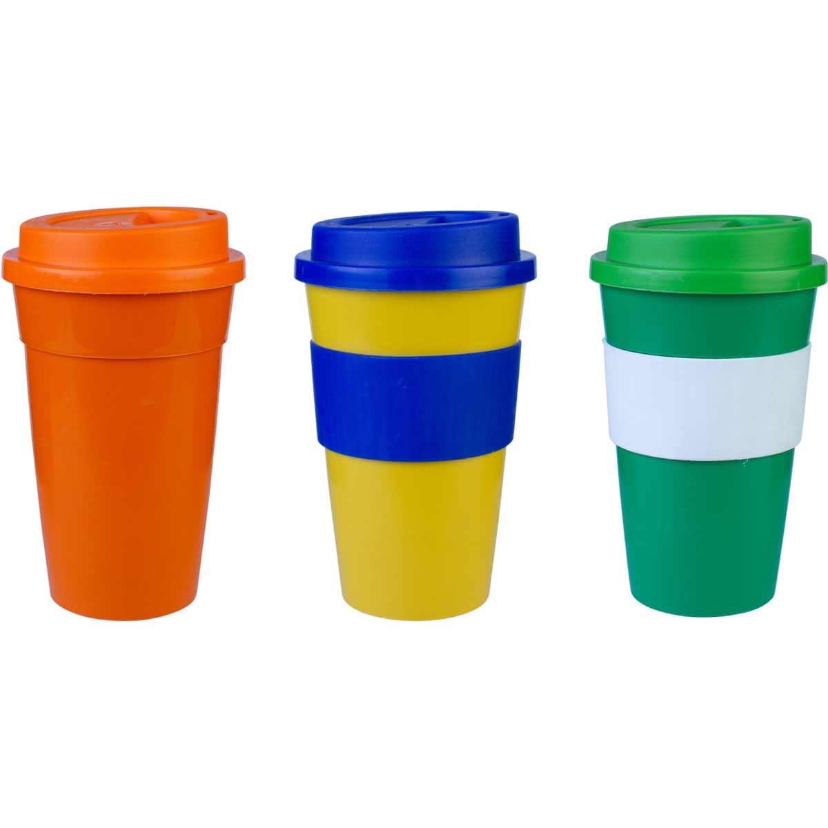 A drink bottle set featuring three 450ml cups in orange, blue, yellow, and green, with silicone bands and lids.