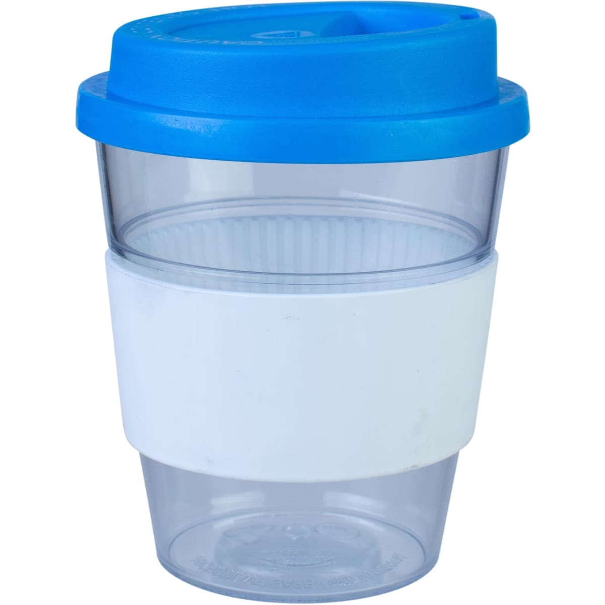 A drink bottle featuring a transparent body, a white grip band, and a blue lid. It has a logo on the side.