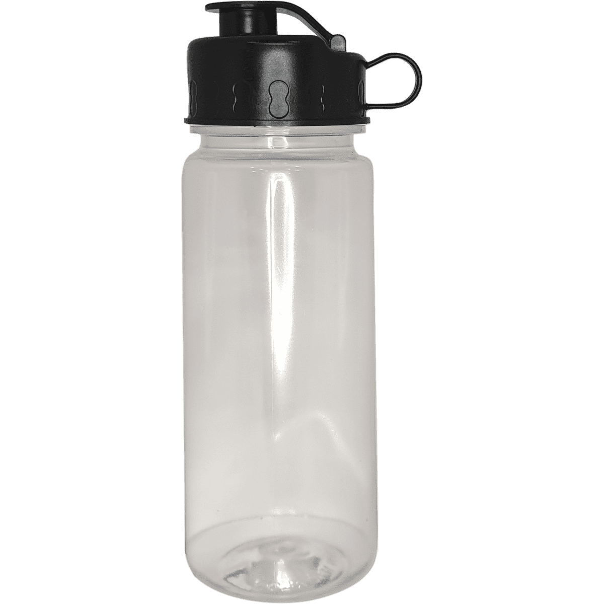 A drink bottle with a clear body and a black cap, featuring a handle for easy carrying.