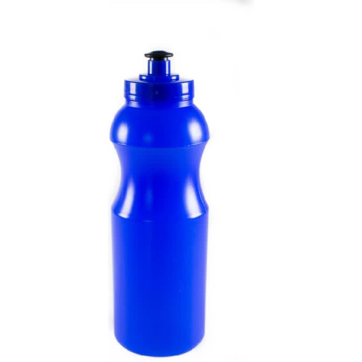 A drink bottle in a vibrant blue colour with a twist-off cap and a slightly contoured shape. It has a logo on the side.