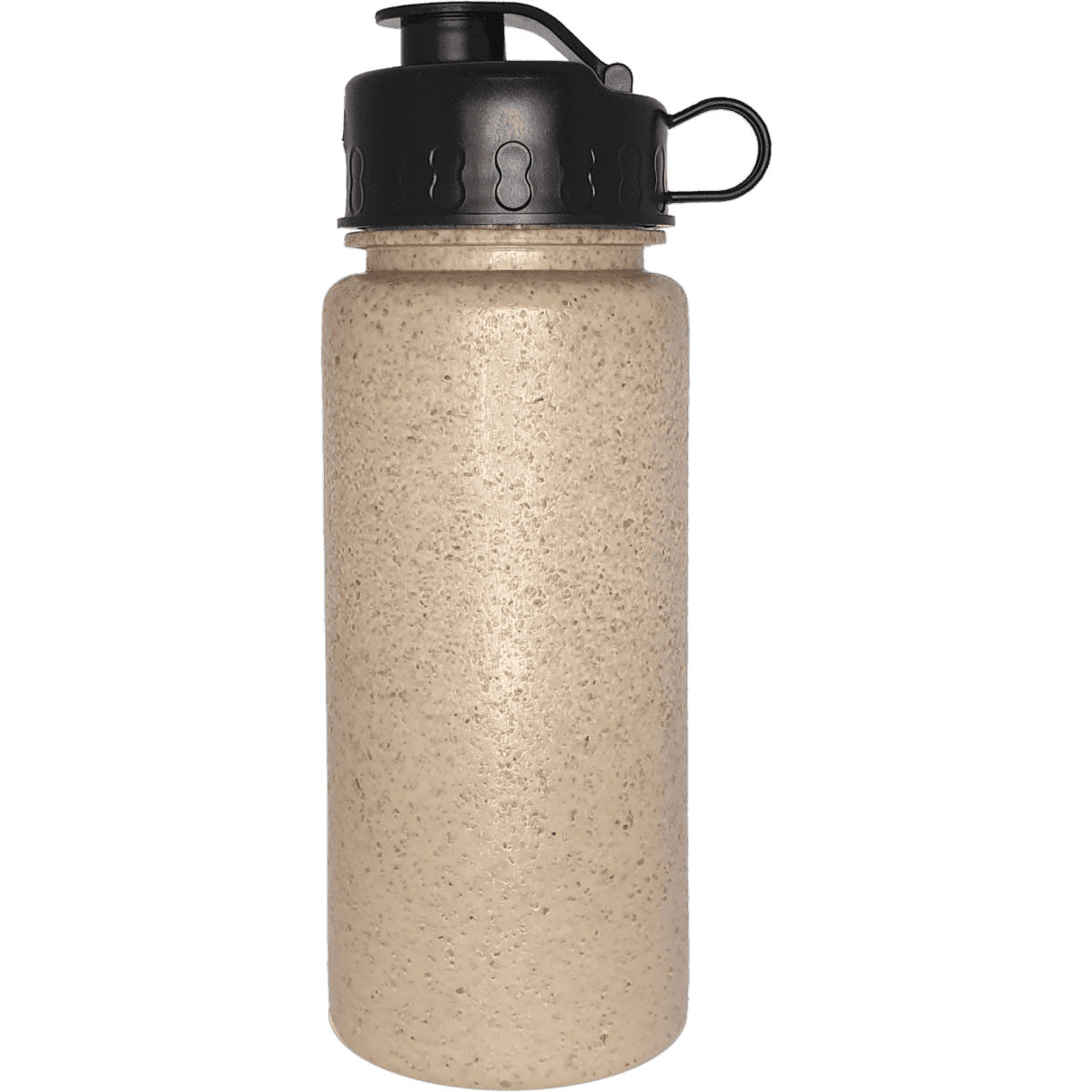 A drink bottle in beige with a black lid and a handle, featuring a logo on the side. Suitable for 600ml capacity.