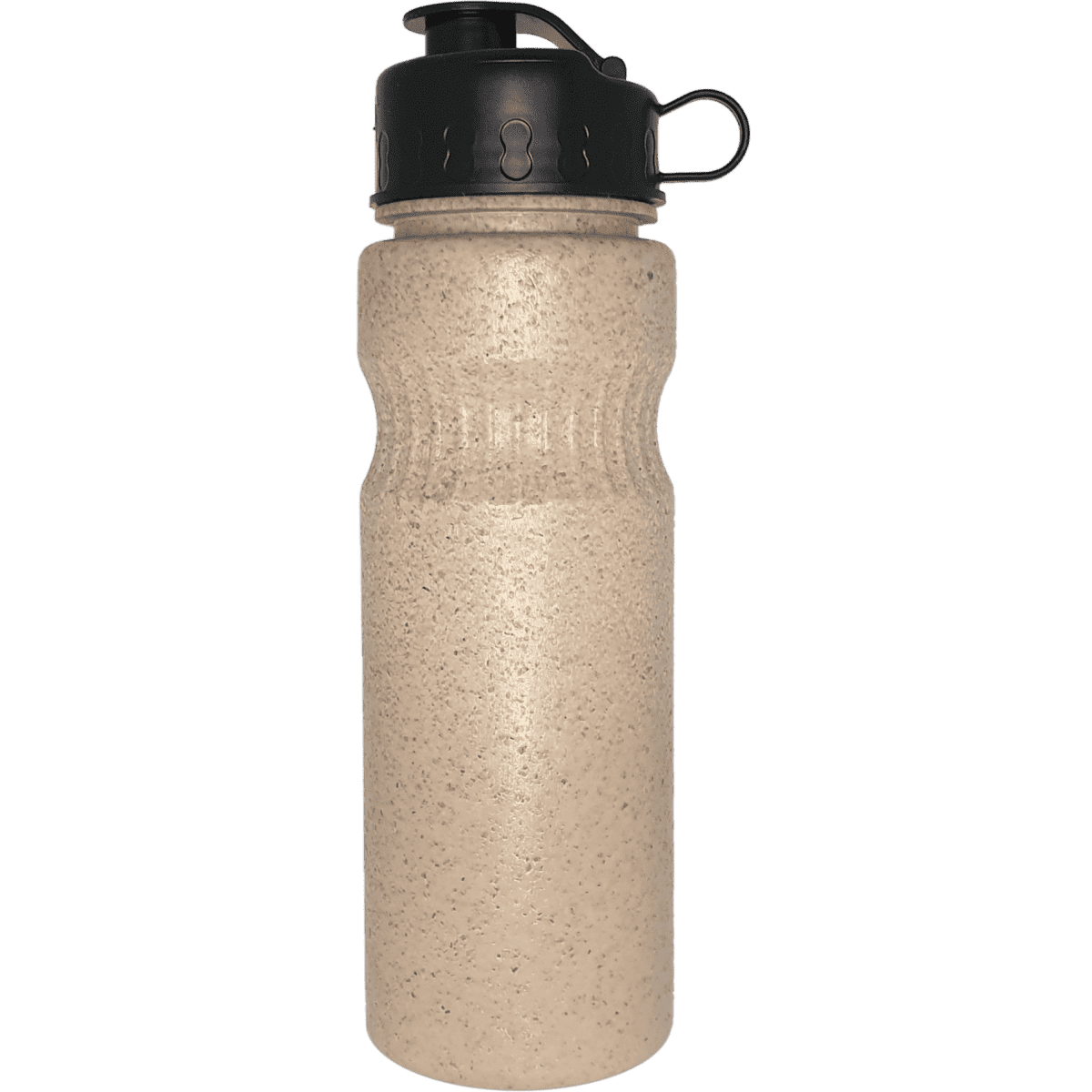 A drink bottle in a natural beige colour with a black screw-on lid and a loop for carrying.