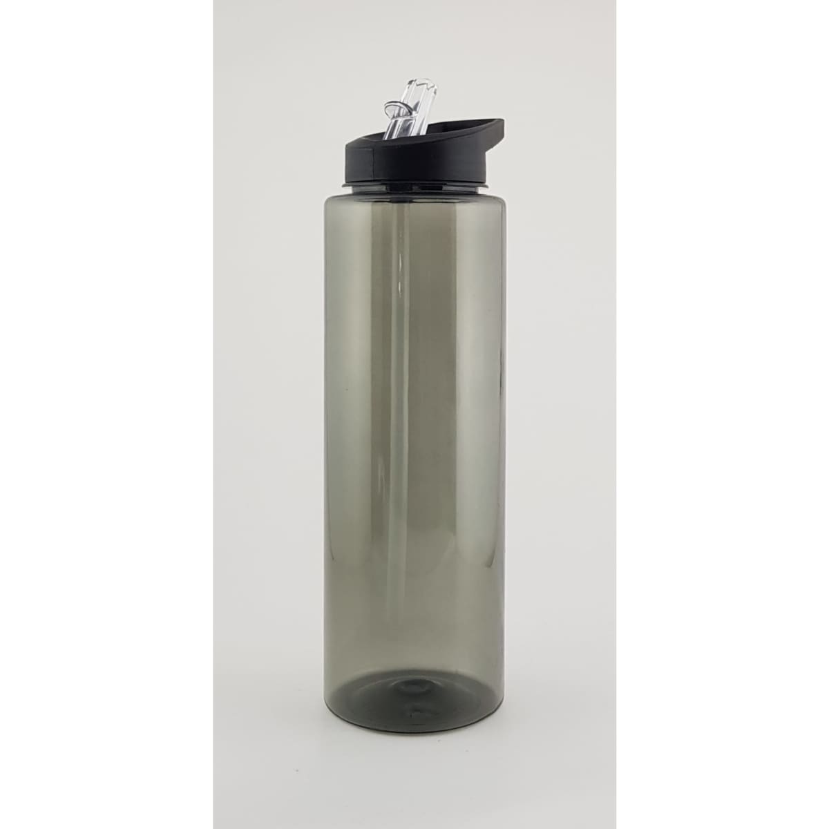 A drink bottle in a translucent grey colour with a black lid and a straw. It features a logo.