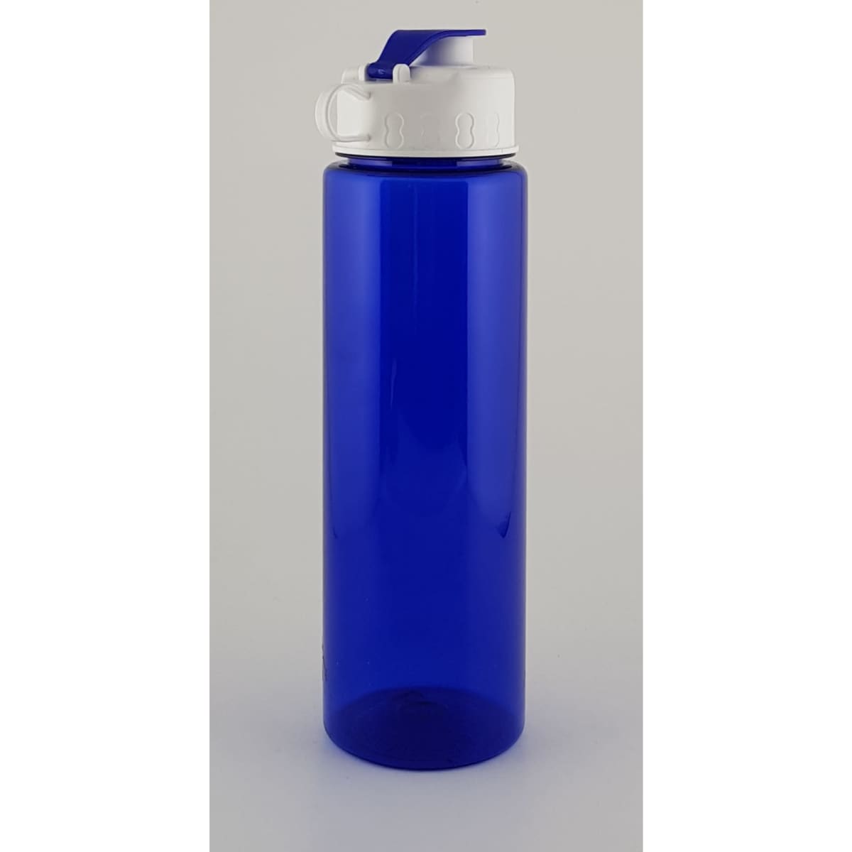 A drink bottle in a vibrant blue colour with a white lid and a built-in spout, featuring a logo.