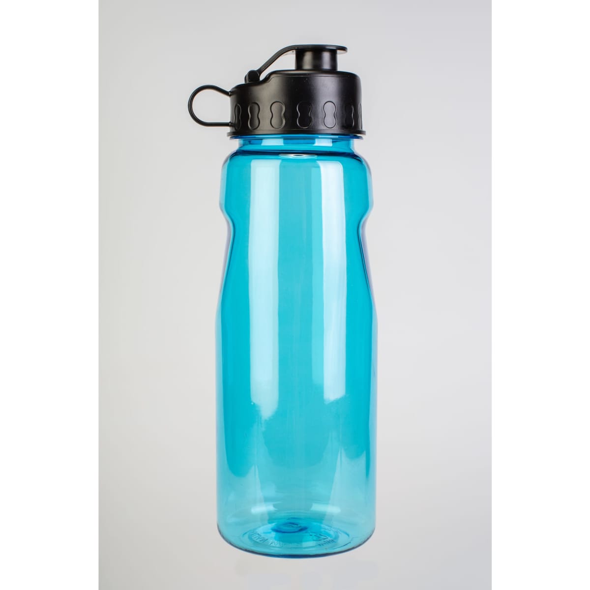 A drink bottle featuring a transparent blue body and a black screw-top lid with a clip.