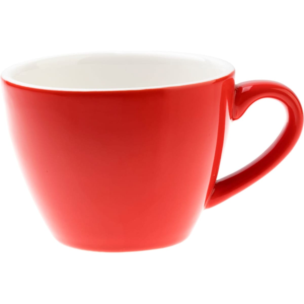 A red cappuccino cup with a smooth finish and an ergonomic handle. It has a white interior and features a logo.
