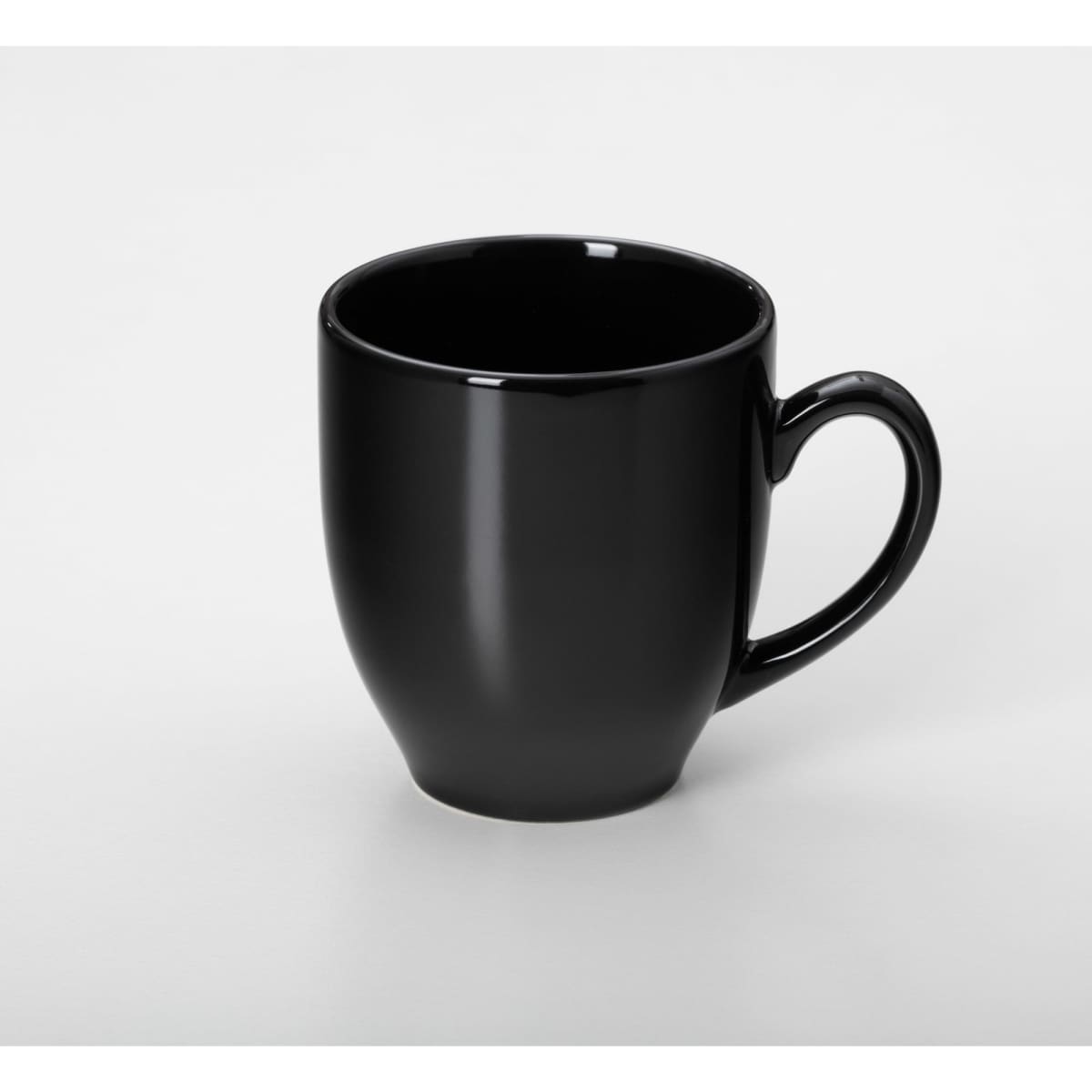 A black coffee mug with a rounded body and a curved handle. It features a glossy finish and has a logo.