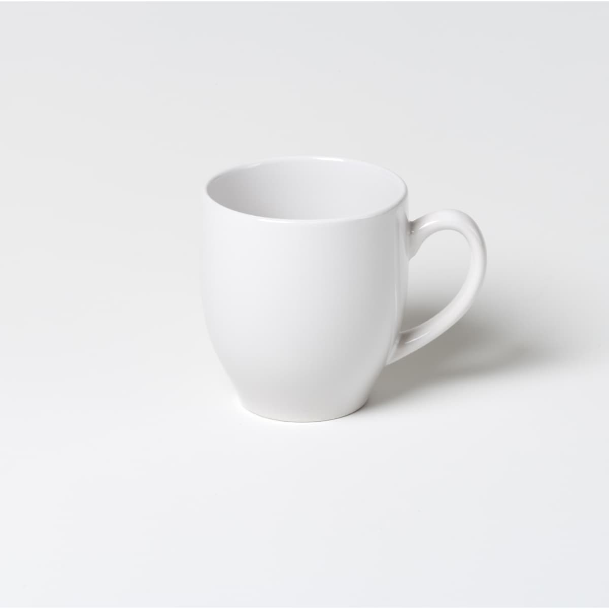 A white coffee mug with a curved shape and a handle. It features a logo on the side.