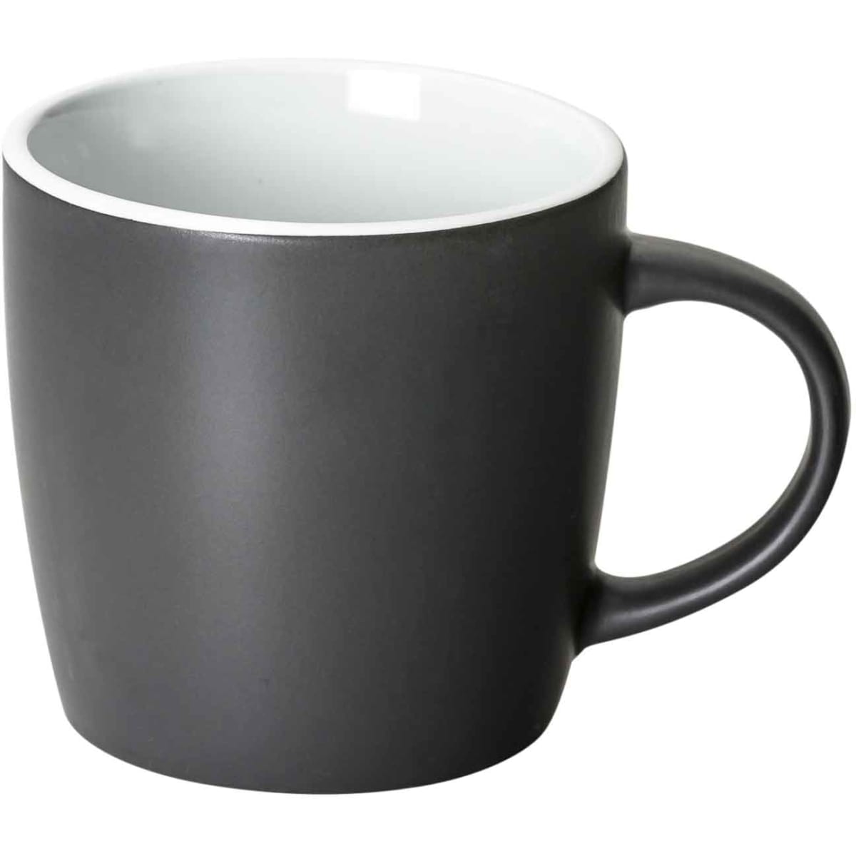 A drinkware coffee mug in a matt black finish with a contrasting white interior and a curved handle.
