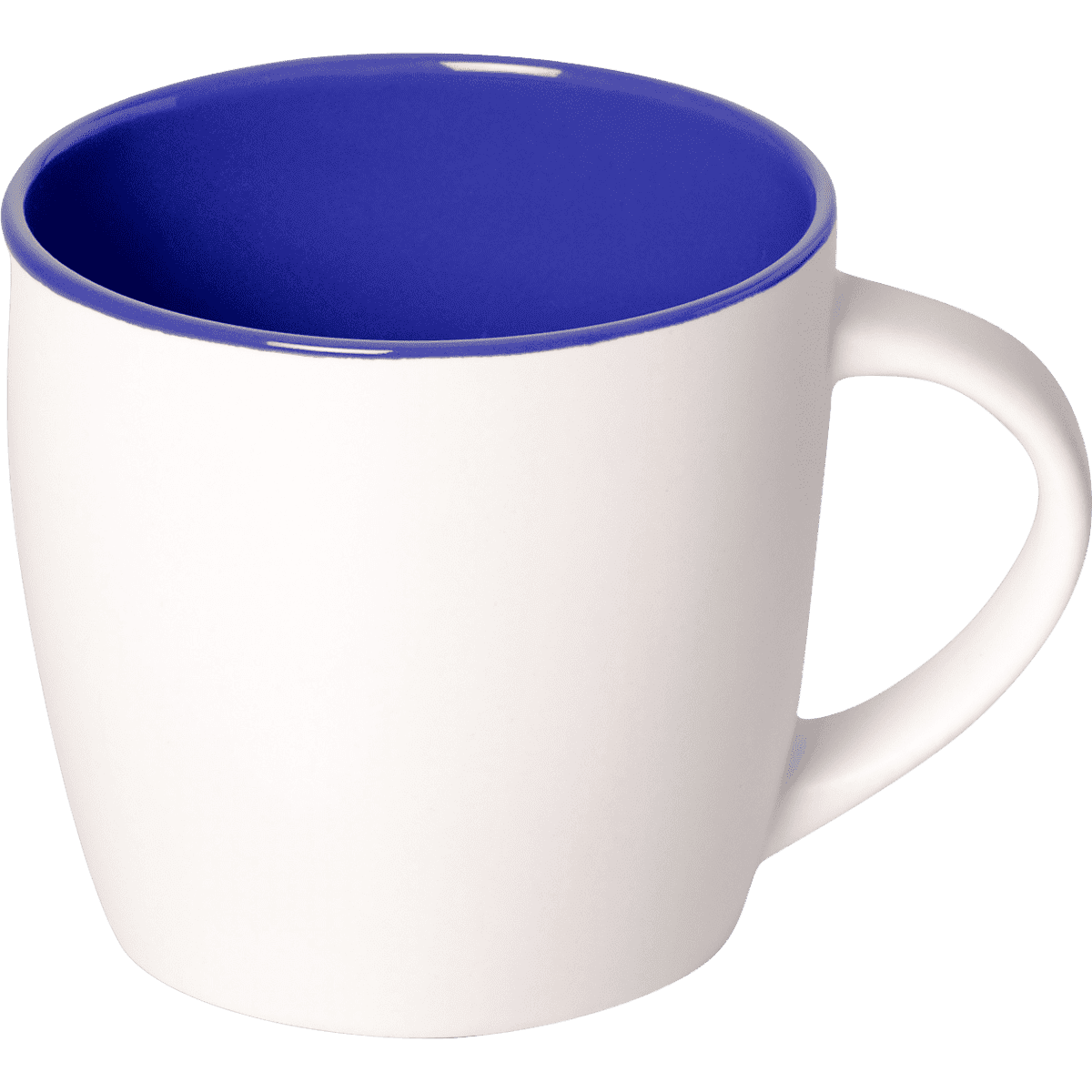 A coffee mug in white with a purple interior and a curved handle. It features a logo.