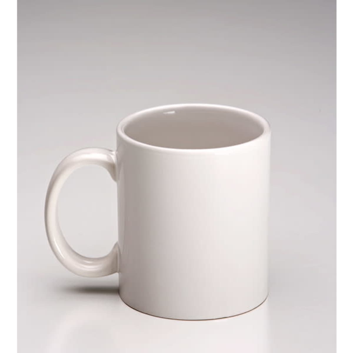 A white coffee mug with a smooth surface and a comfortable handle, featuring a logo on one side.