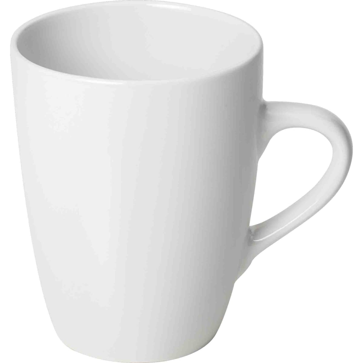 A white coffee mug with a curved shape and a handle. It has a smooth finish and features a logo.