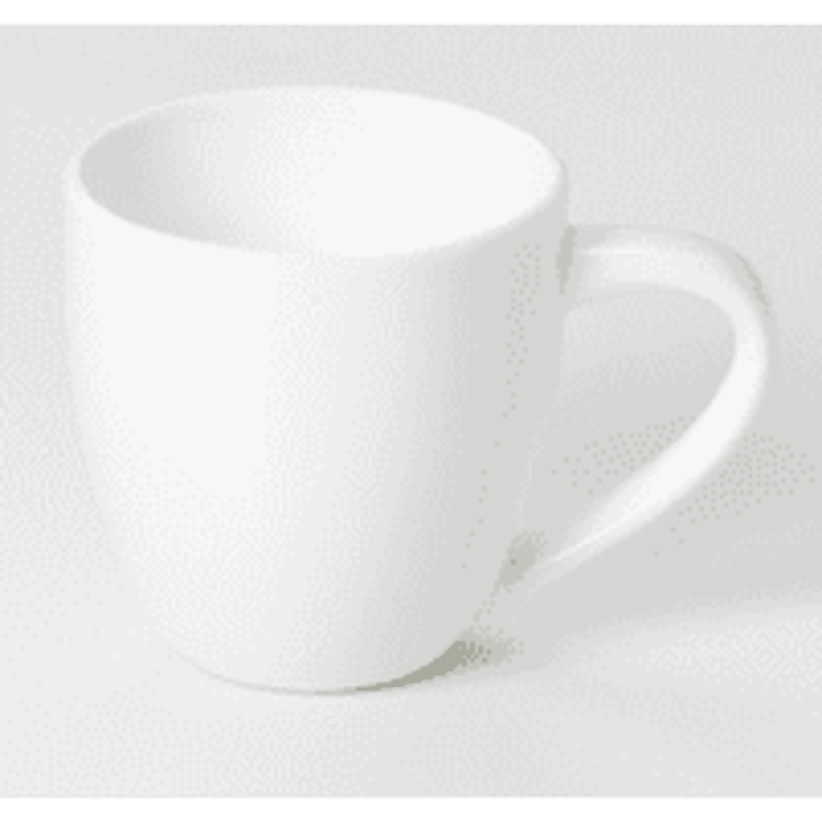 A white espresso cup with a smooth finish and a curved handle. It has a simple design and includes a logo.