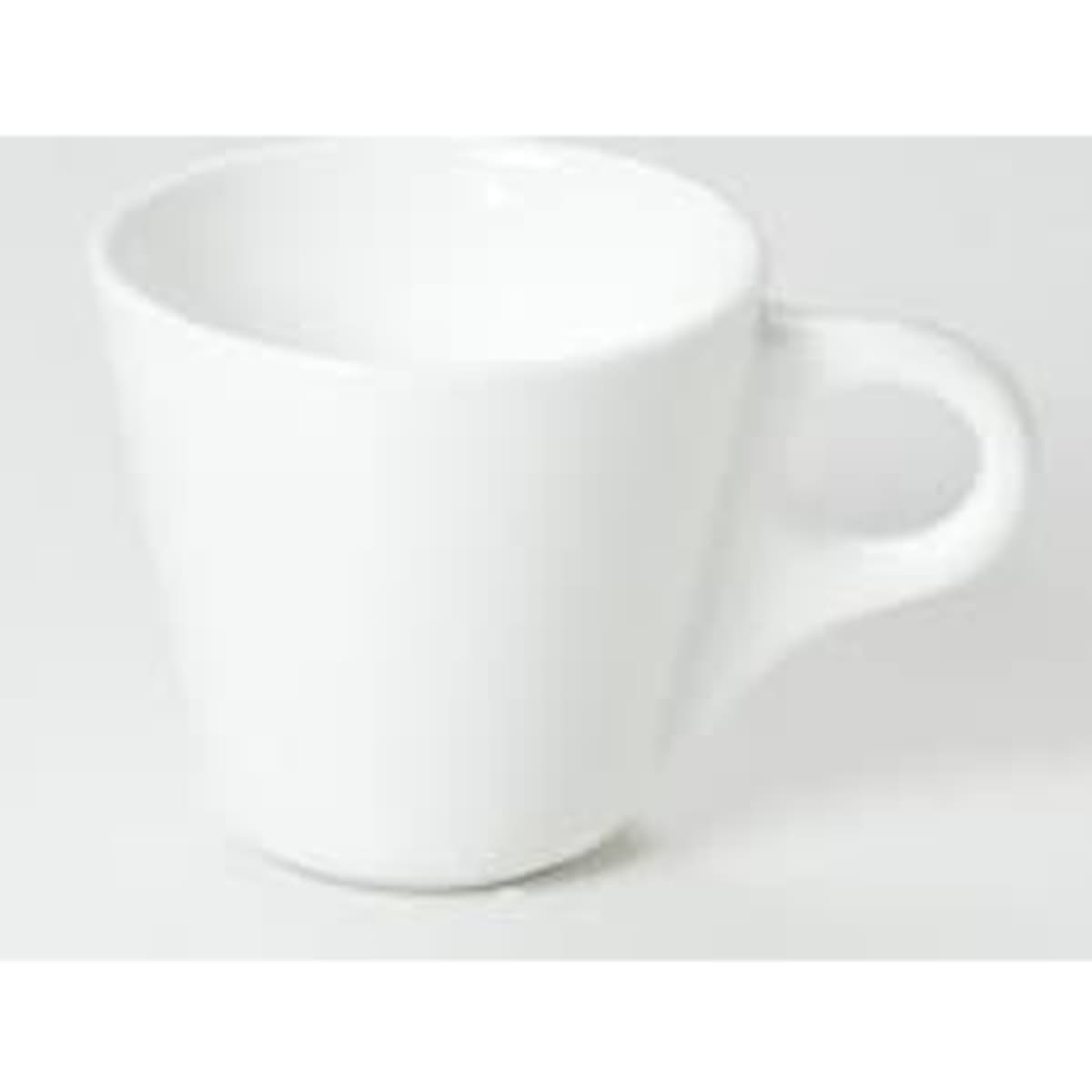 A white conical espresso cup with a handle, featuring a smooth, glossy finish. It has a simple design and a logo on one side.