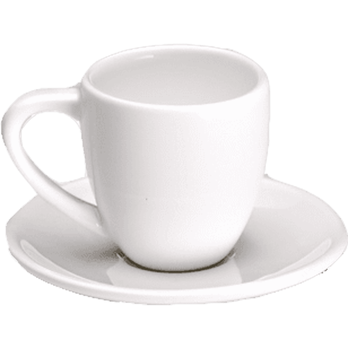A white espresso cup with a matching saucer, showcasing a smooth and sleek design.