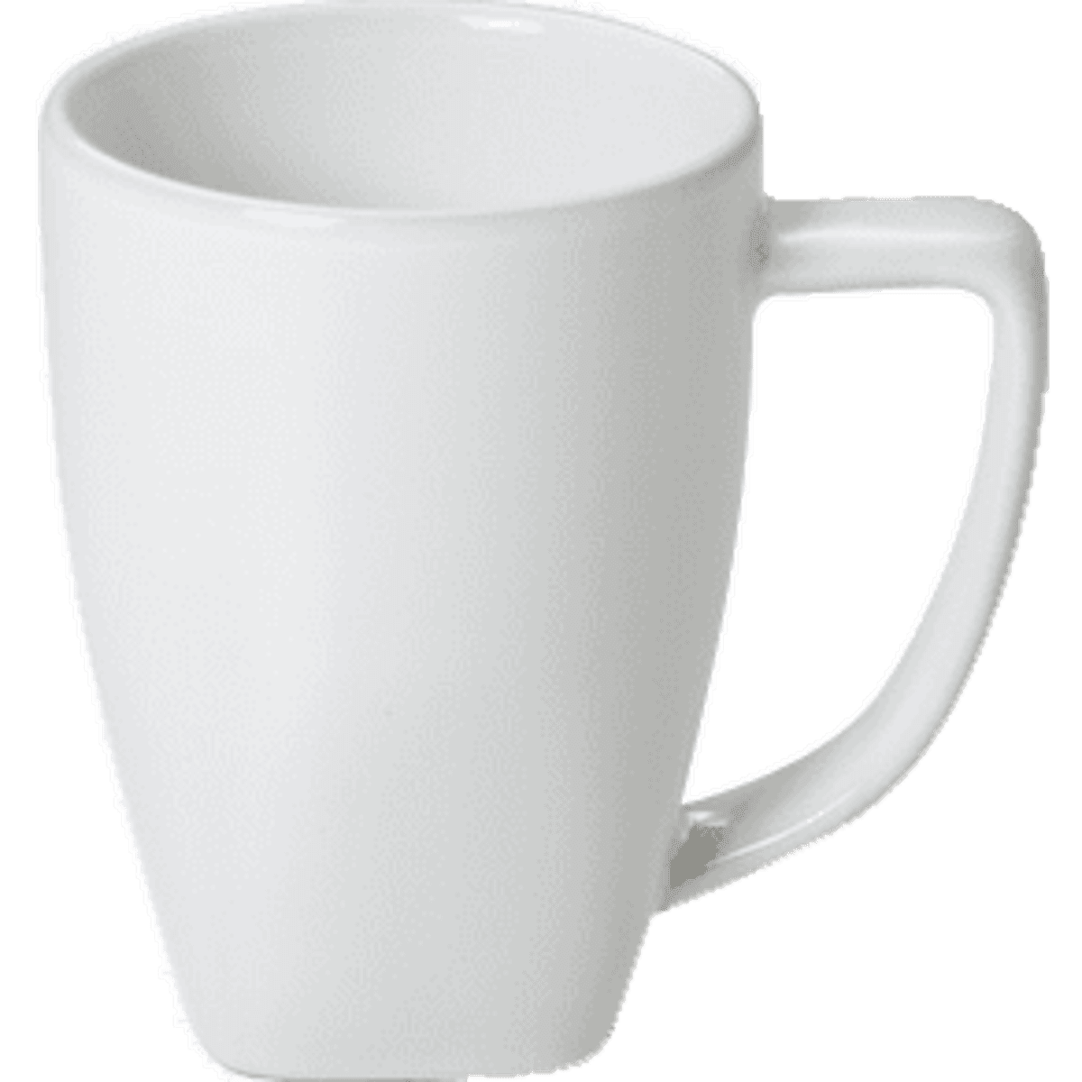 A white coffee mug with a tapered design and a sturdy handle. The mug has a glossy finish and features a logo.