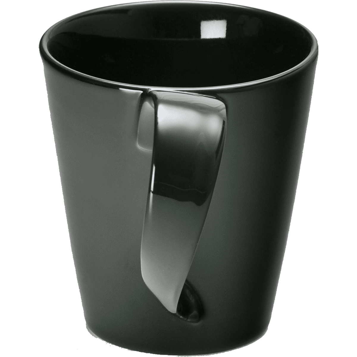 A drink bottle in a sleek black finish with a unique handle design. It features a smooth, glossy surface.
