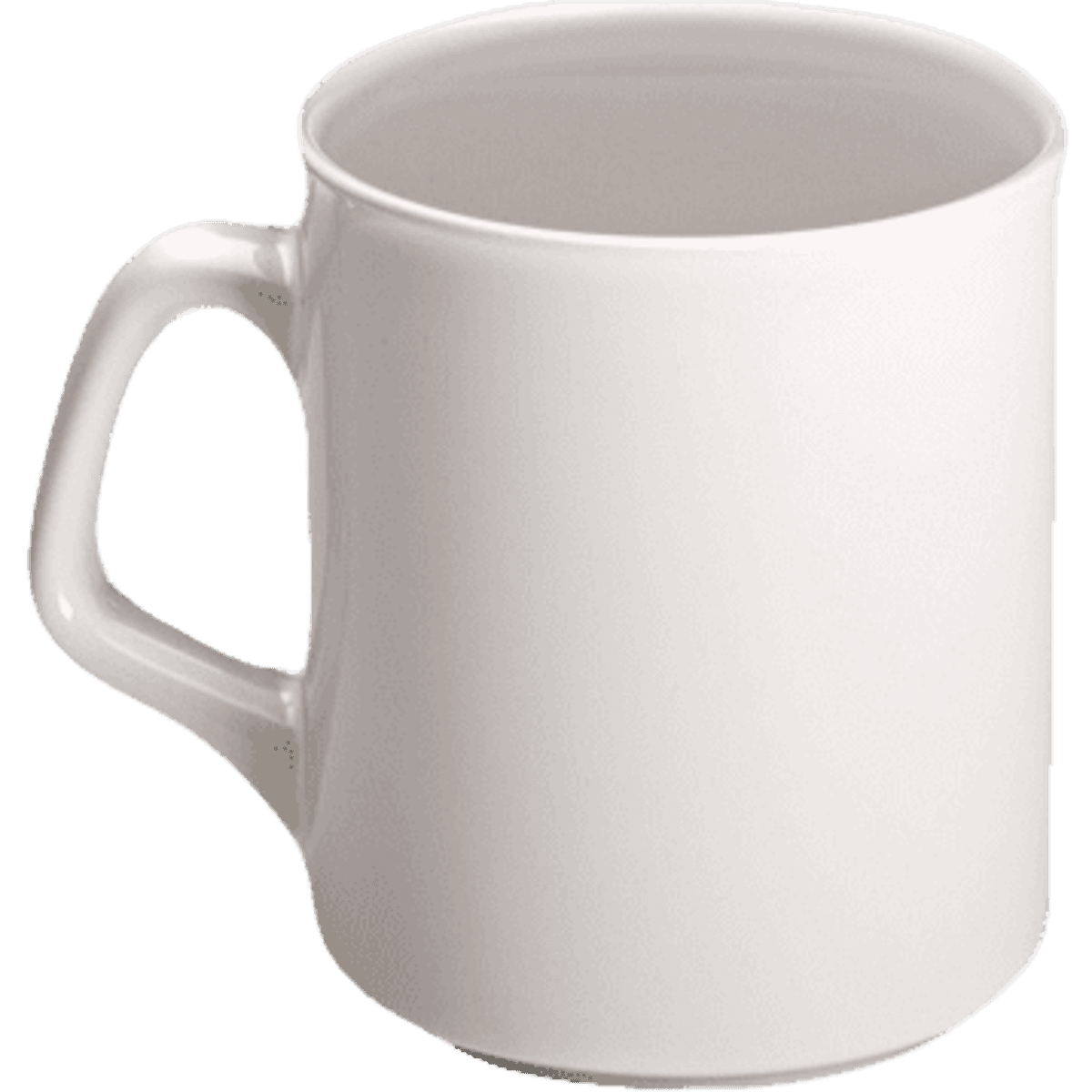 A white coffee mug with a smooth, cylindrical shape and a handle. The mug has a glossy finish and no design elements.