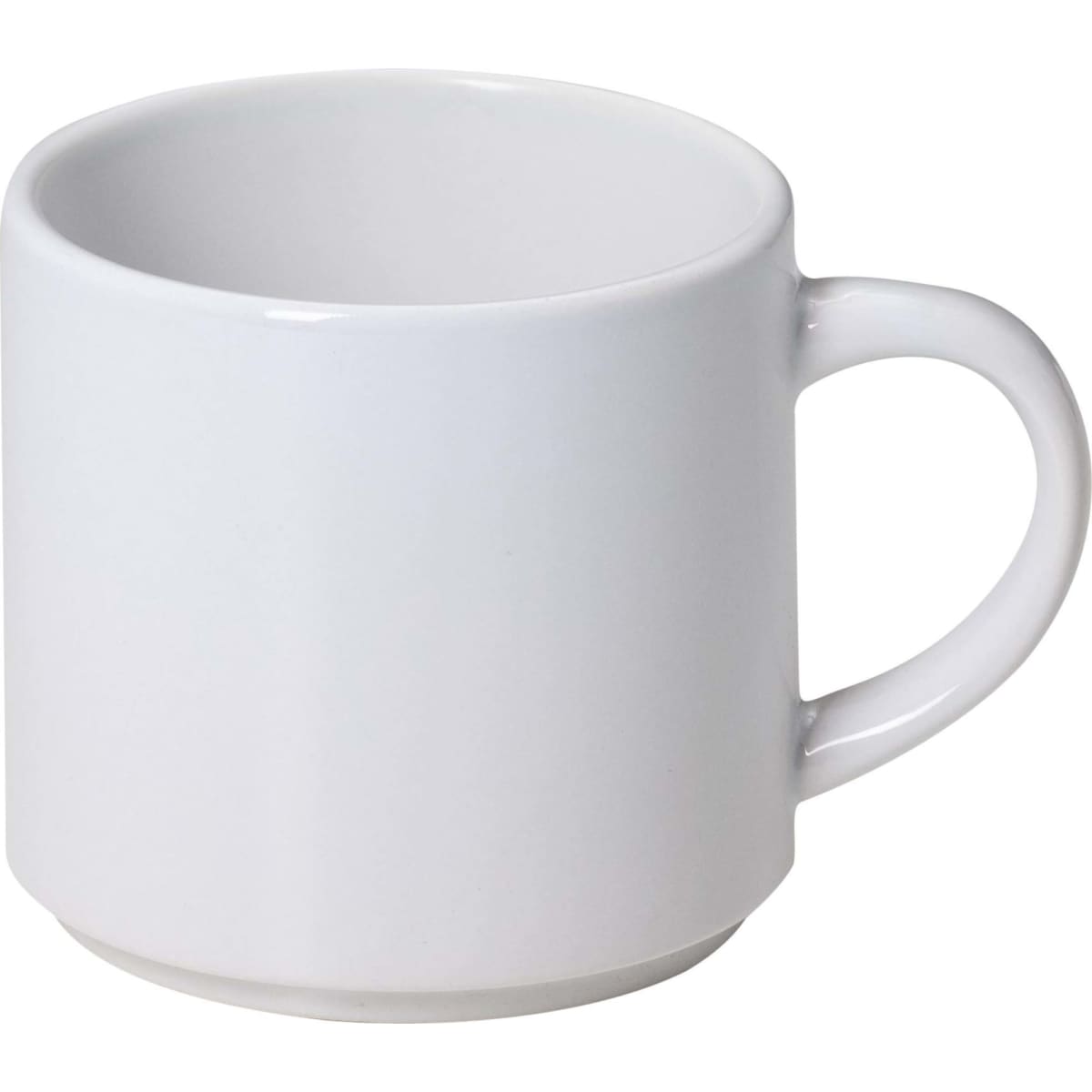 A white coffee mug with a clean, simple design and a curved handle. It features a smooth surface and no additional decorations.
