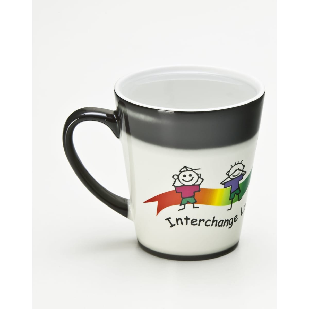 A coffee mug with a white and black design, featuring playful illustrations and a logo.