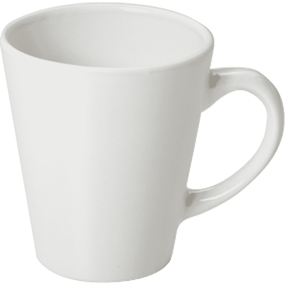 A white coffee mug with a tapered shape and a single handle. It features a logo on the side.
