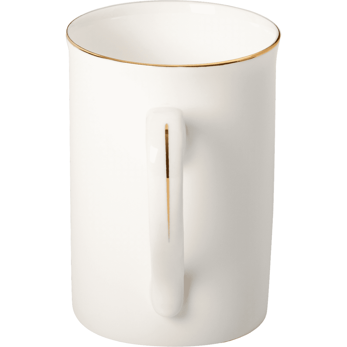 A coffee mug in white with a gold rim and a single handle, featuring a logo.