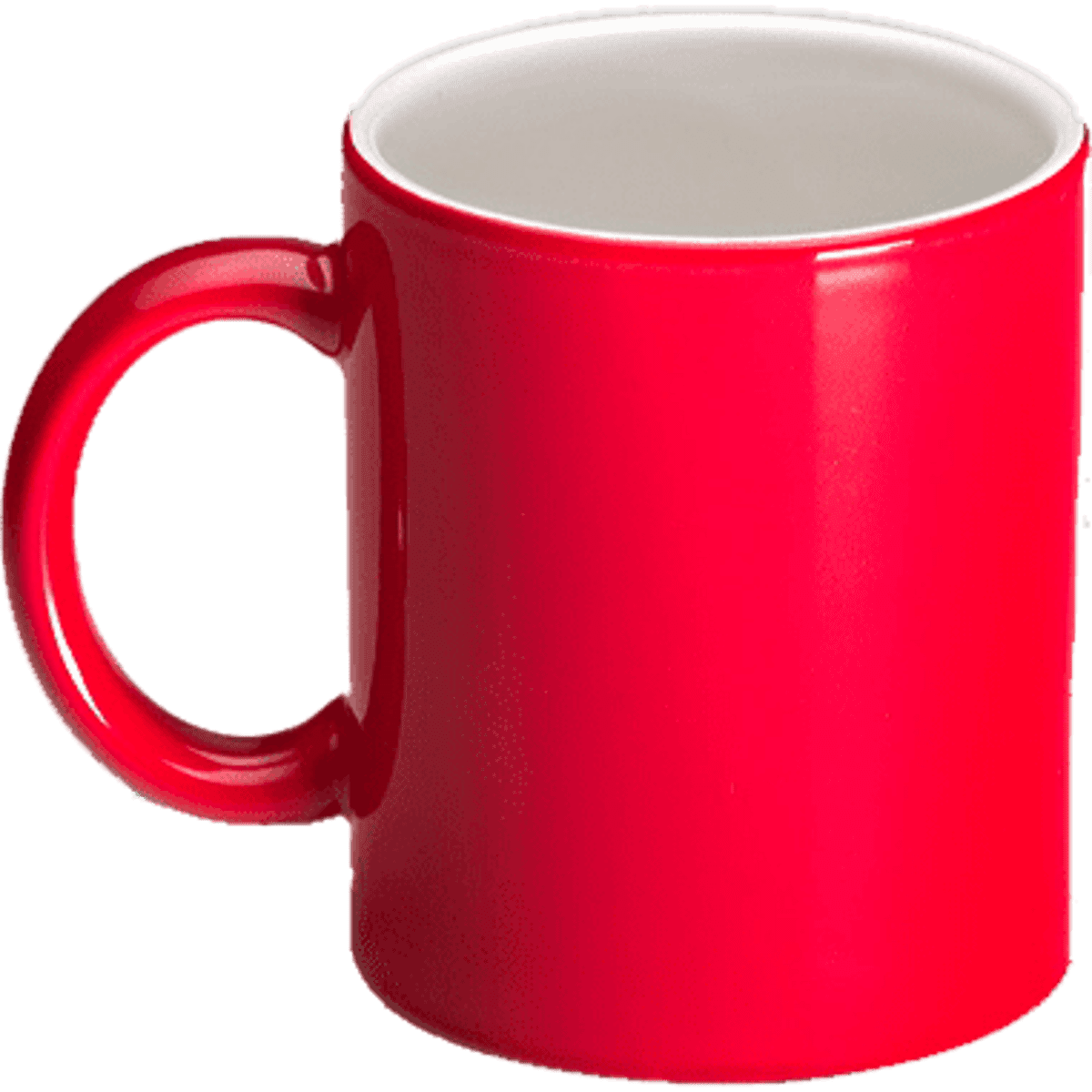 A red mug with a glossy finish and a curved handle, featuring a plain design. It has a white interior.