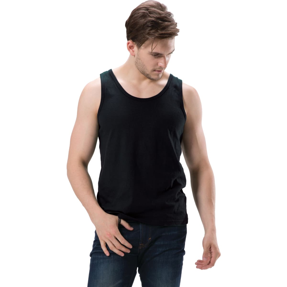 A black singlet worn by a male model, featuring a simple design and no visible branding.