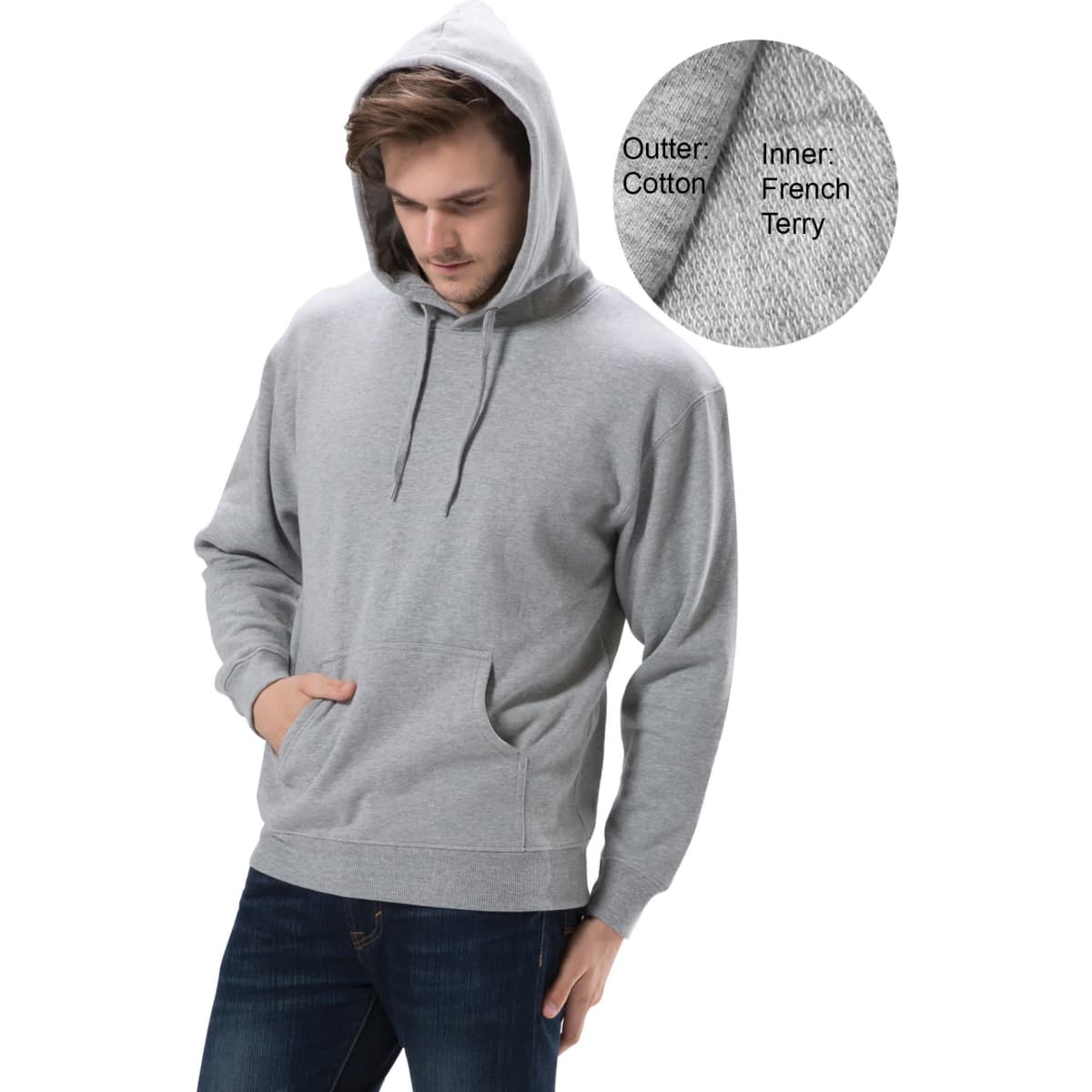 A grey thermal hoodie with a front pocket and a drawstring hood, featuring a fabric detail in the corner.