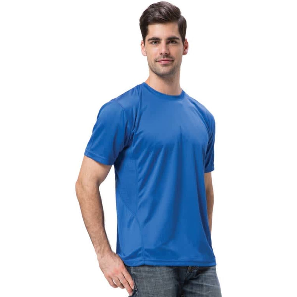 A blue athletic t-shirt displayed on a male model, featuring a logo on the chest area.