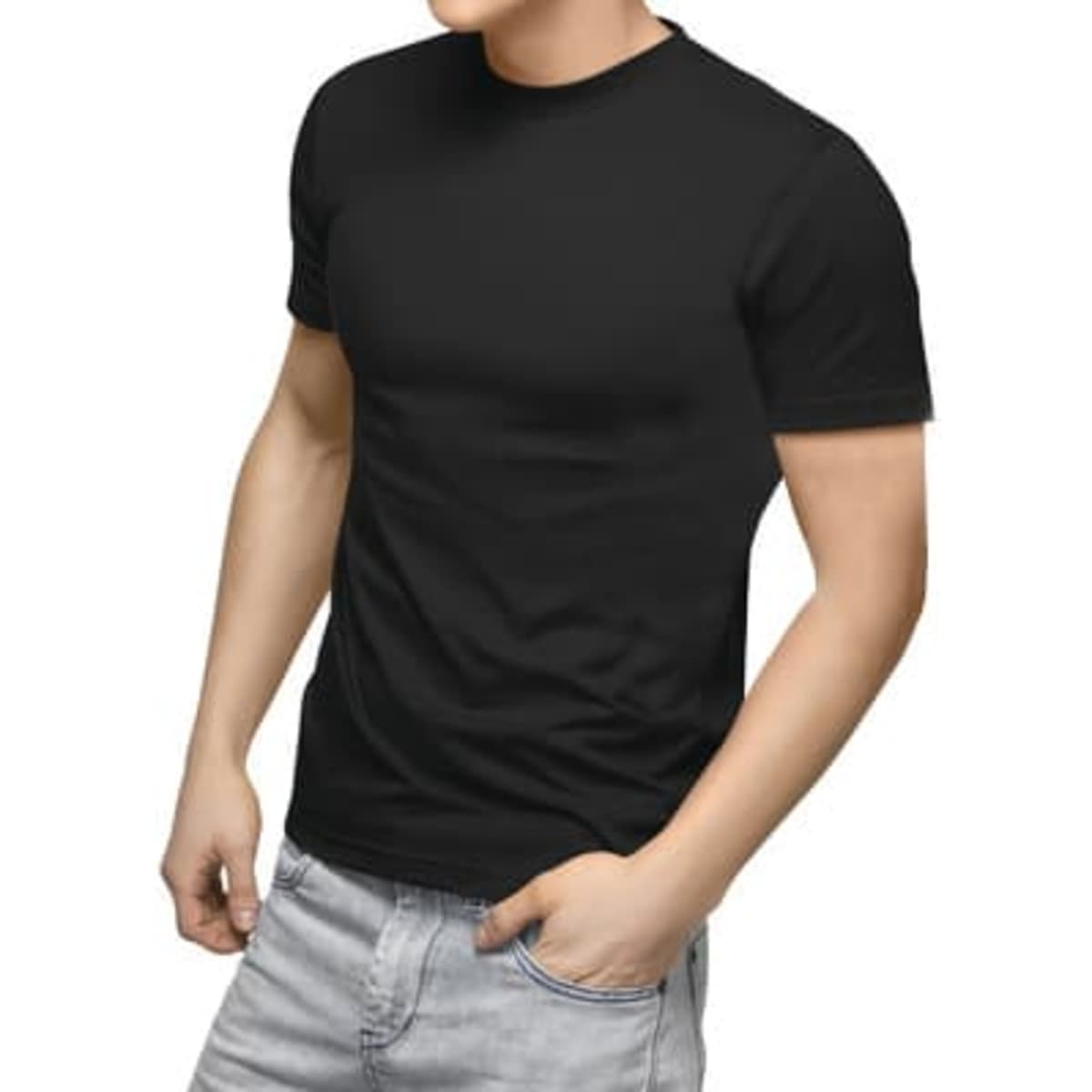 A black T-shirt with a classic crew neck design, fitted to the body, presented without additional graphics or text.