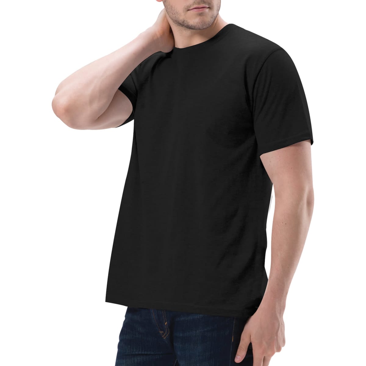 A black men's t-shirt with short sleeves, featuring a plain design and a fitted silhouette.
