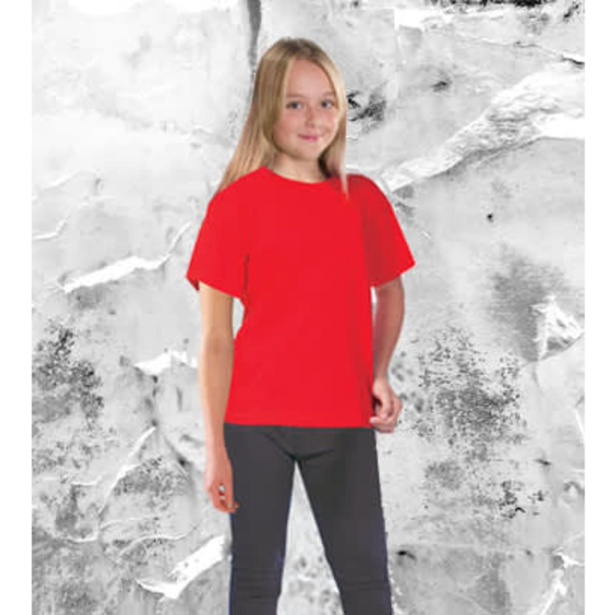 A red junior tee displayed on a child against a textured grey background, featuring a logo.