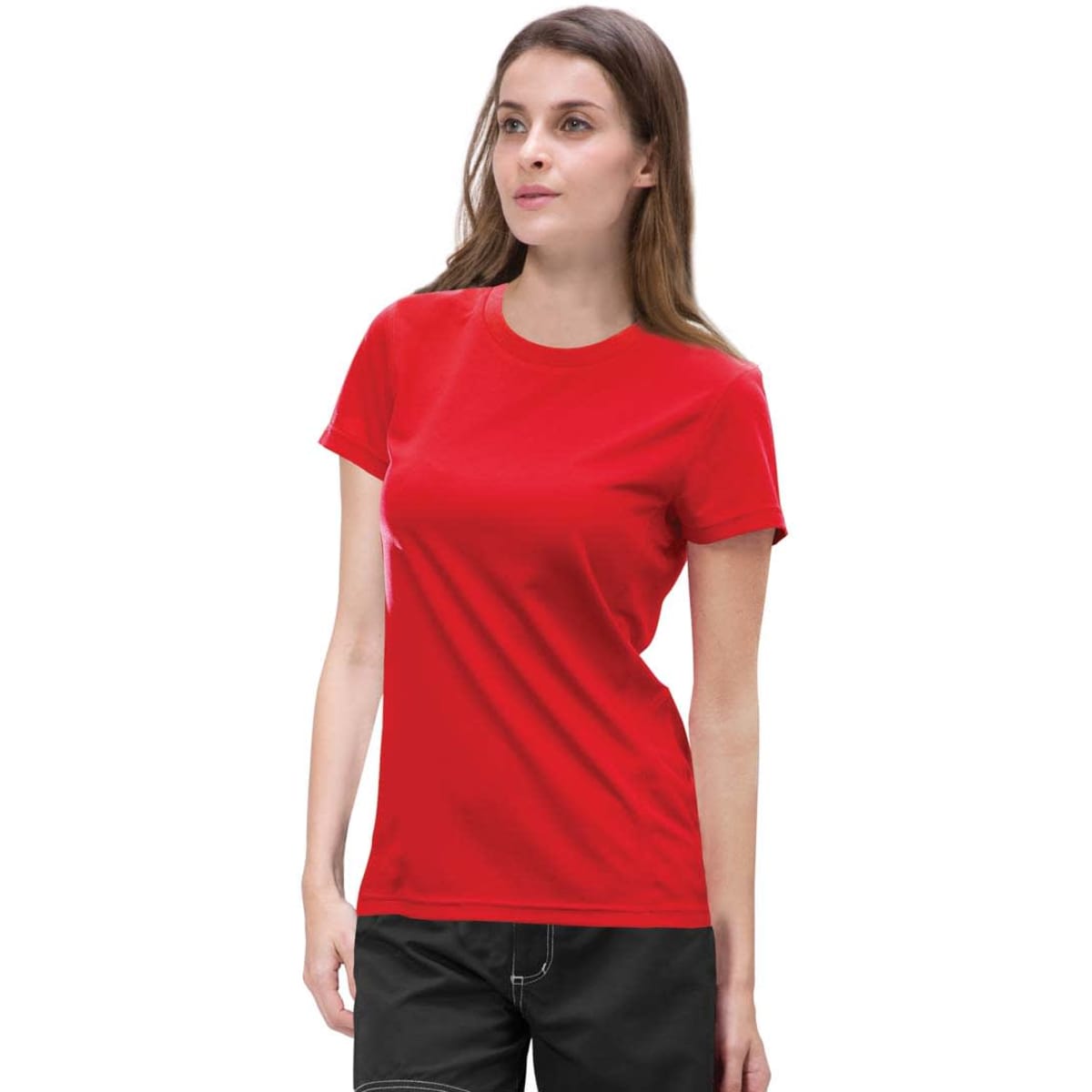 A red women's t-shirt featuring a fitted style and a small logo on the front.