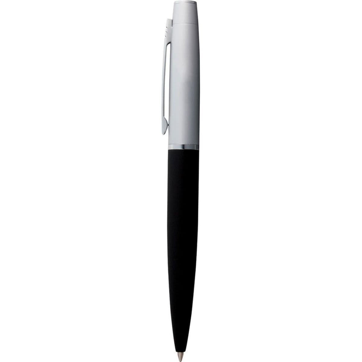 A metal ballpoint pen with a silver barrel and a black grip. The pen features a logo on the body.