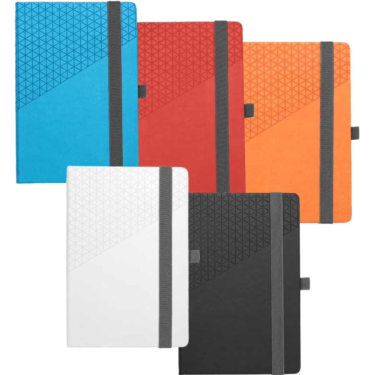 A collection of five Geo Notebooks in blue, red, orange, white, and black, featuring geometric patterns and an elastic band.