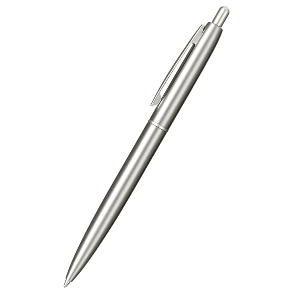 A silver recycled stainless steel ballpoint pen with a sleek design and a clip for attachment.