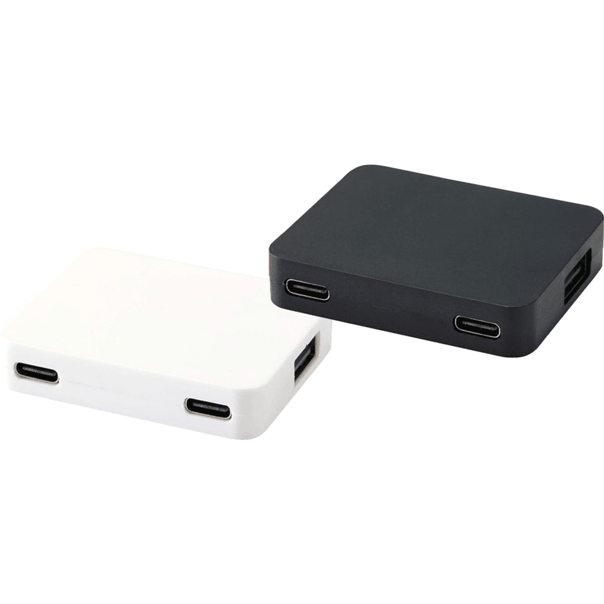 A black and white 4-port USB hub featuring USB-A and Type-C outputs with dual input options. It includes a logo.